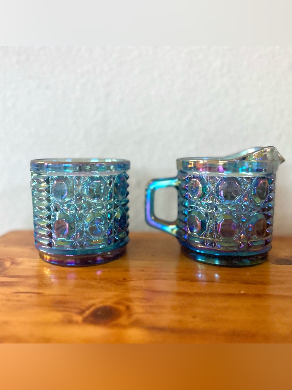 Indiana Glass Sugar & Creamer Set Windsor Design Carnival Glass Iridescent Blue